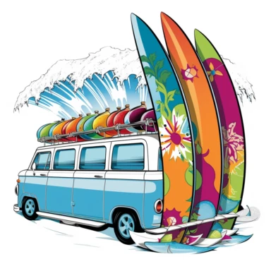 Illustrate a van gracefully navigating a crystal - clear barrel wave, with surfboards in perfect balance, while the vibrant colors of the van contrast beautifully with a pure white background, mystical, illustration style, white background, clipart, PNG pure white background, high resolution, hyper detailed, best quality, high detailed illustration