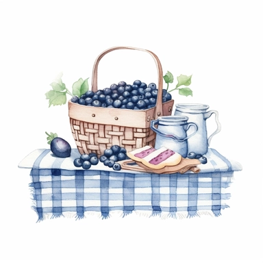 watercolour blueberry Gingham summer picnic clipart, white background, no text