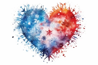 Watercolor, Form a heart shape using intertwined snowflakes and snowmen clipart, hd, on a white background, spaced out