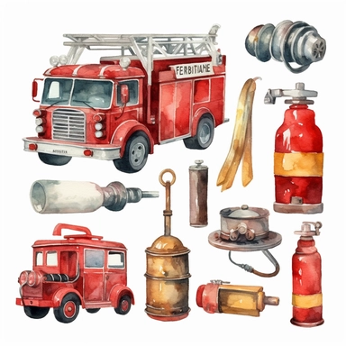 Watercolor Firetruck Clipart - Fire Extinguisher - Fire Hydrant - Water - Fire Alarm - Axe - Fire