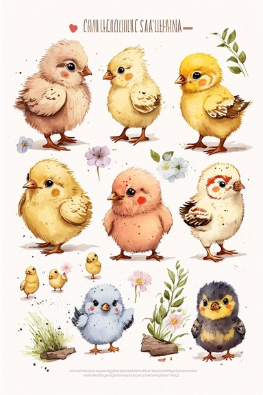 a whimsical Baby Chick cartoon clipart collection on white background with margins, watercolor, sprite sheet, 2d, icon, sticker art