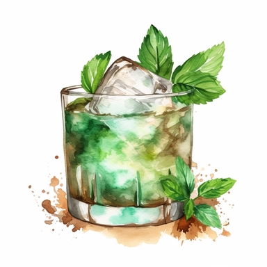Mint Julep: A classic Southern cocktail made with bourbon, mint leaves, sugar, and crushed ice.watercolor, clipart