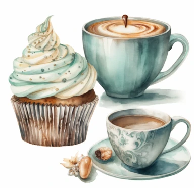 watercolor clipart coffee, cake and cupcake, by jenny jagger, in the style of light teal and gray, realistic, detailed rendering, soft color blending, jan van goyen, monochromatic palette, embroidery, gustave van de woestijne