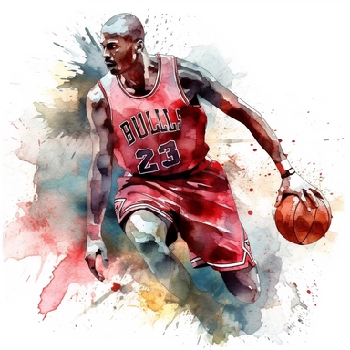 a clipart of a ultra detailed watercolor micheal jordan basketball player in chicago bulls with a chicago bulls Logo watercolor as background, v4 ar 2:3