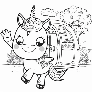 cute clipart cartoon of an happy unicorn waving goodbye to his homebefore going to school coloring book cartoon style vector lines black and white with no background--v4