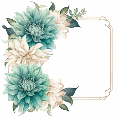 a floral frames made with teal and pastel teal Dahlia flowers, wet on dry watercolour style, antique look, clipart, white background