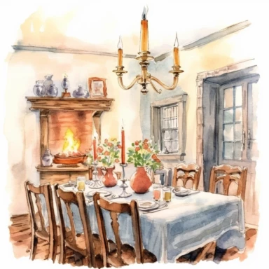 an aquarelle clipart about a cottage dining room in the English style with candlesticks on the table a wonderful dinner, without background, 300 dpi