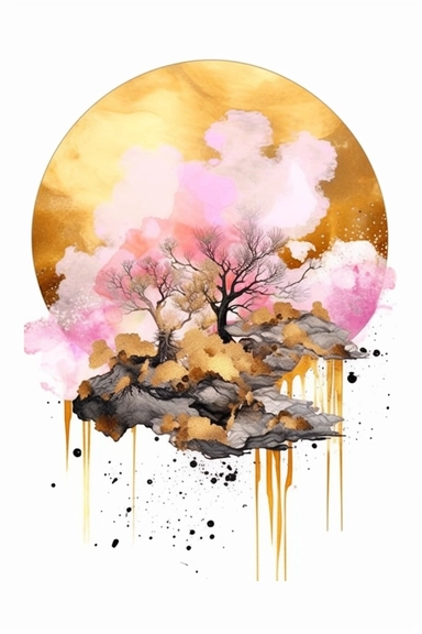 beautiful gorgeous alcohol ink of gold serene nature scene with a central focus on a pink tiger , minimalist style, crystals, glam, glossy, glitter texture, liquid ink clipart, modern and stylish design, bright colors, 300 dpi, clear decoration, clear white background, highly detailed digital art, 8k
