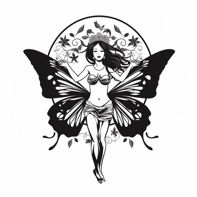 a black and white drawing of a fairy, temporary tattoo, clematis theme logo, featured on 99designs, half-woman half-butterfly, glory be to the magic within, loosely cropped, clipart, 2019, glowing luminescent invocations, vril, her face looks like an orchid, tail