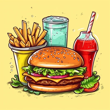 Picture a charming, hand-drawn clipart of a favorite fast-food meal. A cola can, with its top popped open, is fizzing. Beside it is a delectable hamburger, its layers visible and enticing: a soft bun, a juicy beef patty, melting cheese, and a splash of fresh greens. Adjacent to the hamburger, a portion of crispy, golden french fries is displayed, their thin, irregular shapes suggesting their crunchy texture. The trio is set against a stark white background, highlighting the details and making th