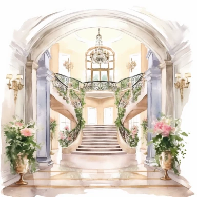 Watercolor drawing beautiful rich mansion interior, wedding venue in flowers, watercolor clipart, white background, isolated on white, 8k, watercolor style