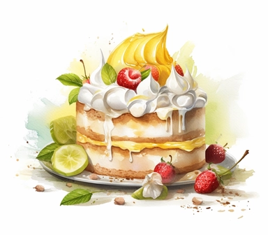 Watercolor clipart of Durian Mousse Cake, Layer Durian mousse between sponge cake layers and top with fresh whipped cream and Durian pieces for a light and airy dessert that's perfect for hot summer day, intricate details, vector, hyperrealistic, no splashes, no text, no watermark on white background