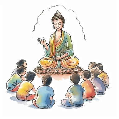 Buddha glory teaching kids, watercolor style, clipart solid white background