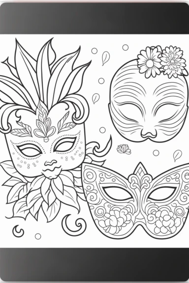 A design featuring traditional cuute Mardi Gras symbols such as cute fleur-de-lis and cute masks, Coloring Book for toddlers, white background, black and white, [clip art]