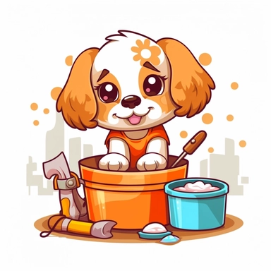 Clipart of a cute dog cleaning the house kawaii style full multicolor white background