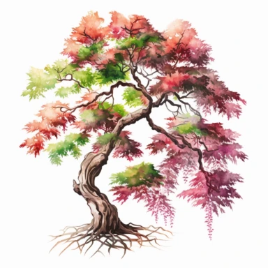 Watercolor, Japanese Maple Tree, old, long branches, Clipart, springtime japanese tree, grass, white background