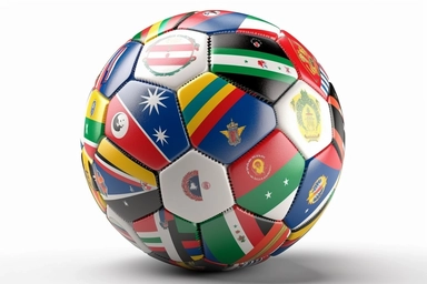 Soccer ball with national flags on grass over white background. World countries football championship. 3D illustration with copy space. Including clipping path. background vector art painting illustration