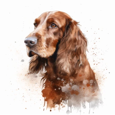 watercolor, irish setter,, clip art , 4K, high resolution, hyperrealistic, splatter, solid white background