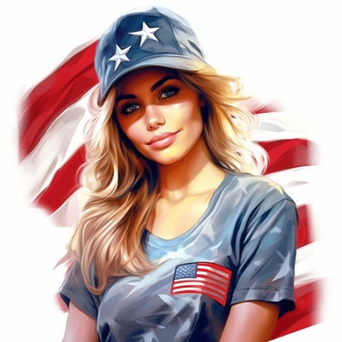 a gorgeous American soldier, her t-shirt and hat represent her flag, Pixar style, vibrant colors, clipart with white background,--v 5
