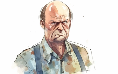 watercolor Male public school guidance counselor looking gruff with angry animated face wearing shirt with Tie open collar background Auburn hair slightly balding with disheveled Office clipart,in the style of Eleanor Campbell and Keith Ward high resolution