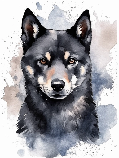 Generate an image of a black shiba inu Clipart in watercolor style on a white background. Ensure that the background is plain white without any photo frames.