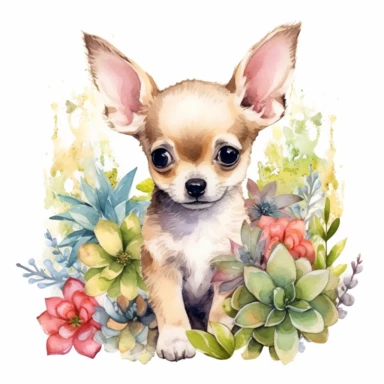 An intricately detailed watercolor clipart illustration displaying an ultra-realistic [specific design idea, like Adorable cute beby Chihuahua sits, grass and flowers on the back of the puppy  ], isolated on a white background, in the style of ultra-detailed watercolor clipart illustrations, HDR watercolor clipart illustrations, 32K watercolor clipart illustrations, hyperrealistic watercolor clipart illustrations, ultra-intricate watercolor clipart illustrations, high-resolution watercolor clipa