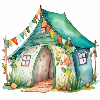 imagine adorable watercolor camping tent, handpaint, cartoon style, clipart, white background,