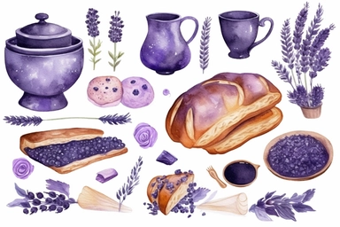 watercolor bake items, bread, coffee, pastry with lavender flowers, in the style of purple and navy, intricate illustrations, chuah thean teng, primitivist elements, dotted, subdued palettes, Clipart Collection, objects isolated on white background