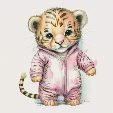 watercolor and pencil sketch of smiling cute baby tiger with big eyes wearing baby pajamas, pastel pink, hyper detailed, white background, 4k, hd, Clipart