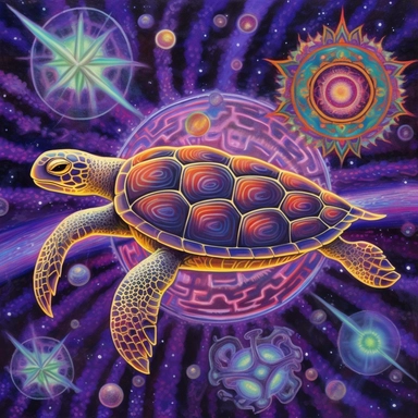 A oil painting of a turtle clipart with a surreal and fantastical design, floating in a starry sky with planets and comets. The turtle has a large body, a long neck, four wings, and a spiral tail. only four legs. Its shell is covered with intricate patterns and symbols in glowing colors. The background is a dark purple sky, creating a contrast with the turtle’s luminous appearance. The painting has a magical and mysterious style, with an imaginative use of elements and colors. The perspective is