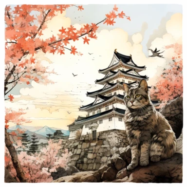 cherry blossoms laden on Osaka Castle Bottom, Siamese Cat wearing a Japanese kimono, sunset. Clipart Watercolor
