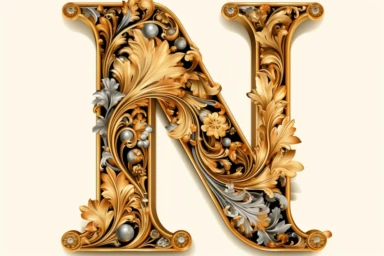 clipart white background Letter N gold ornated in the style of old books, Chapter beginning, baroque style, white background,