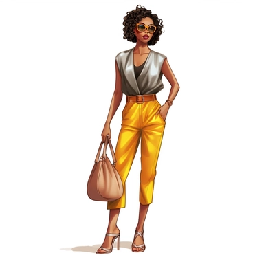 realistic illustration of Fashion-forward African American woman: Illustrate a clipart of a stylish African American woman wearing fashionable clothing and accessories. Showcase her confidence and individuality through her outfit and pose. clipart, isolated on white background, 4K