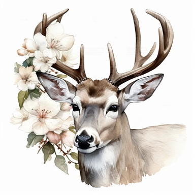 Deer portrait, very white magnolia flowers on a large antler, watercolor, clipart, illustration no background