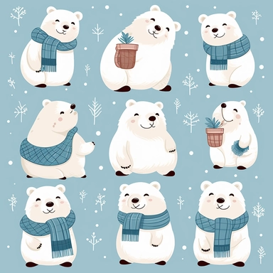 Charming polar bear clipart in the style of john james audobon, showcasing these adorable arctic animals in various playful poses and expressions, adorned with winter accessories