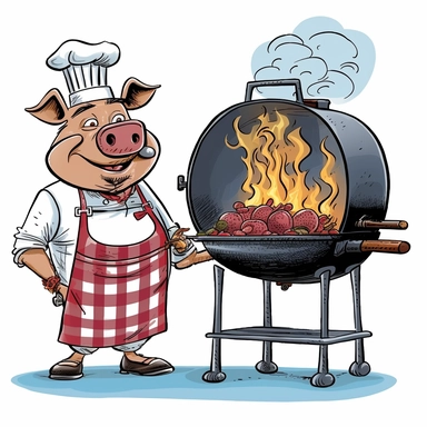 Cartoon-style clipart depicting an image of a barbecue, along with a pig dressed as a chef acting as the pitmaster.
