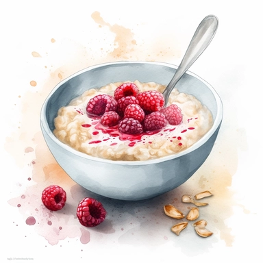 watercolor clipart of bowl with raspberries porridge with oatmeal and milk, presented in a flatlay style with a top-side view on a clean white background. bowl should be filled with a visually appealing arrangement of one ingredient, showcasing their vibrant colors and textures. The watercolor style should bring out the essence of each ingredient while retaining a harmonious overall composition. The clean white background should provide a pristine backdrop, enhancing the visibility and focus on 