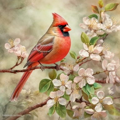 Red Cardinal on a branch of a blossoming apple tree clipart, vintage illustration, scrapbooking page, soft faded colors, , watercolor painting, hyperrealistic, well rendered, old faded light colors, very vibrant, cinematic, intricate, by Thomas Kinkade