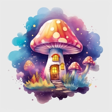 draw magical mystical colorful house mushroom top on vibrant fluffy clouds clipart. Add shimmering stars and sparkles to create a dreamy and enchanting atmosphere
