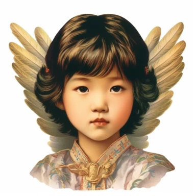 Vintage 1920 Portrait Shot View Of a asian child head with Angel Wings Behind it Illustration , in the style of late 19th century, Chromolithograph, 1920s Illustration, Vintage, Chromolithograph, Colorful, Antique, Ephemera, Clipart, 8k, Isolated on white