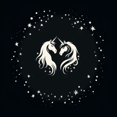 Minimalist white on black background negative space unicorns, flat, clipart