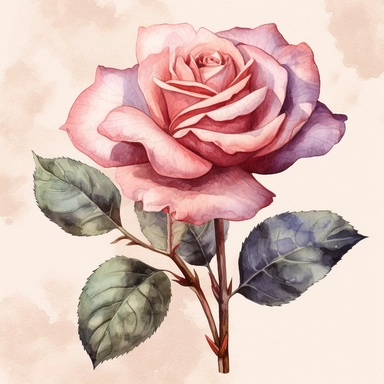 Create a beautiful clipart of a rose flower with a plain, high contrasted background in a watercolor style. The rose should have delicate petals in shades of pink, with realistic details such as thorns and leaves. The watercolor style should be subtle, with gentle brush strokes and a slightly faded effect, giving the clipart an elegant and artistic feel. This should be a perfect addition to any project, such as wedding invitations, greeting cards or floral posters.
