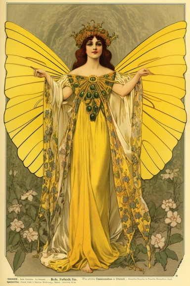 Vintage 1920 Symmetrical Fully Clothed Female Fairy with Large yellow Wings on its back Illustration, Chromolithograph, 1920s Illustration, Vintage, Antique, Ephemera, Clipart, 8k, on a vintage magazine cover