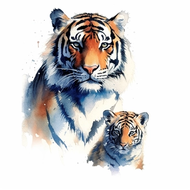 a Tiger With Cub in the style of watercolour clipart with detailed brush strokes