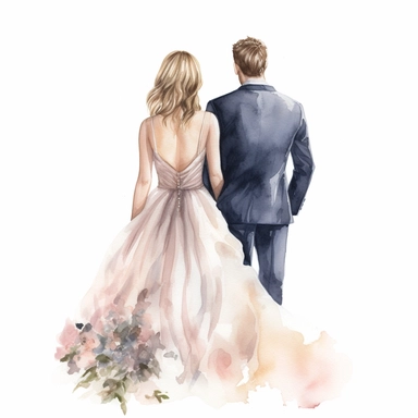 Watercolour of a bride and groom from behind , Clipart,Cartoon,hyper realistic, intricate detail, illustration style,high resolution, isolated on a white background