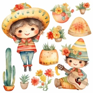 Watercolor cinco de mayo decorations, illustrations clipart set, simple, soft colors, cartoon elements, different variants, mexican hat, sugar skulls, rose, little boy, little girl separate elements with a margin