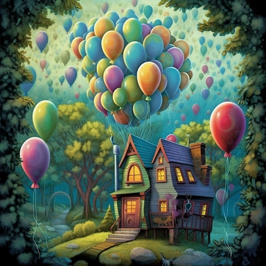 Whimsical magical wacky balloon cottage, dark forest, muted colors, swirls, twists, twirls, metallic, glitter, stylized, funny, centered, airbrushed, digital oil, detailed illustration, clip art, cartoon, 8k,-- ar 9:8
