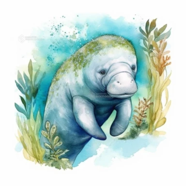 hand drawn Florida manatee, in crystal blue water, underwater with plants, very detailed and realistic, watercolor, white background with margins, clipart style