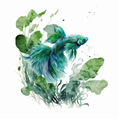peacock green betta fish swimming in water plants, light watercolor clipart, isolated on white background, Susan Harrison, no text, no captions