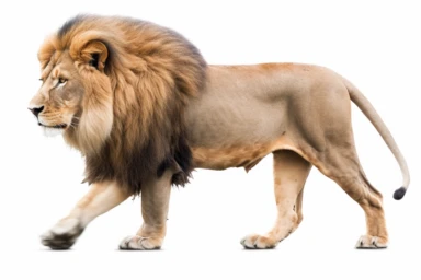 lion male walking on white background stock photo king lion and jackal clipart, in the style of focus stacking, exaggerated facial features, repetitive, masculine, photo
